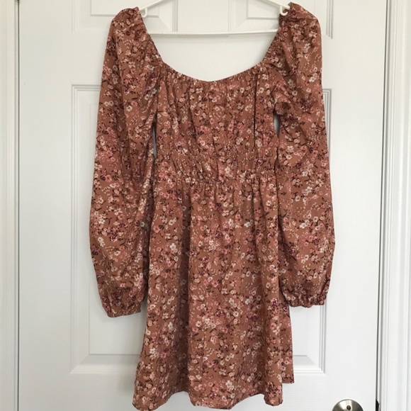 Streetwear Society Sweetheart Neckline Tie Floral Dress S Brown Pink Long Sleeve - Picture 10 of 15